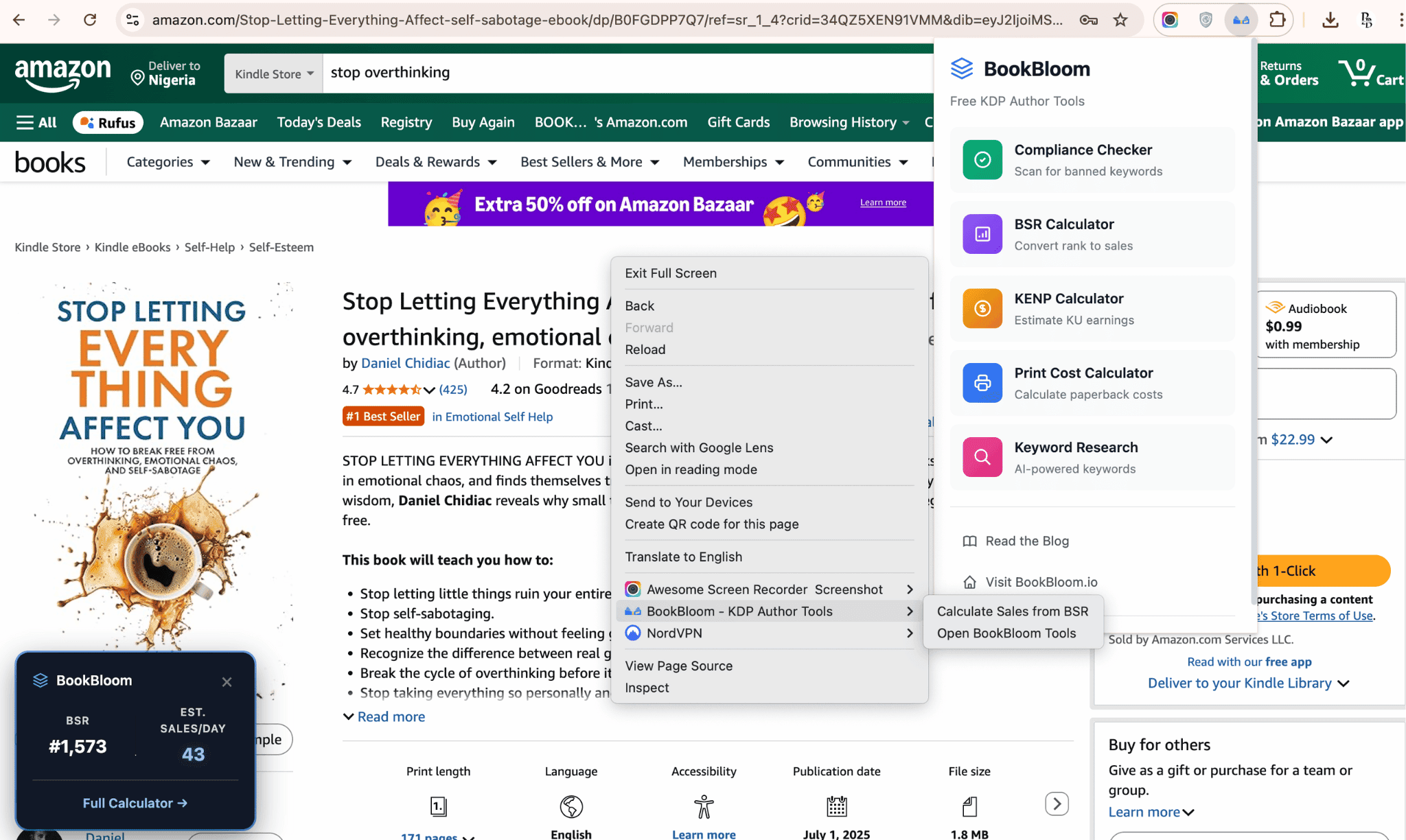 BookBloom Chrome Extension showing BSR analysis overlay on Amazon