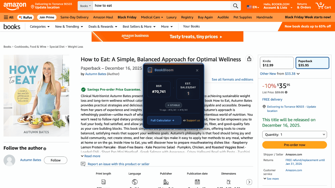 BookBloom Chrome Extension overlay showing BSR analysis on Amazon